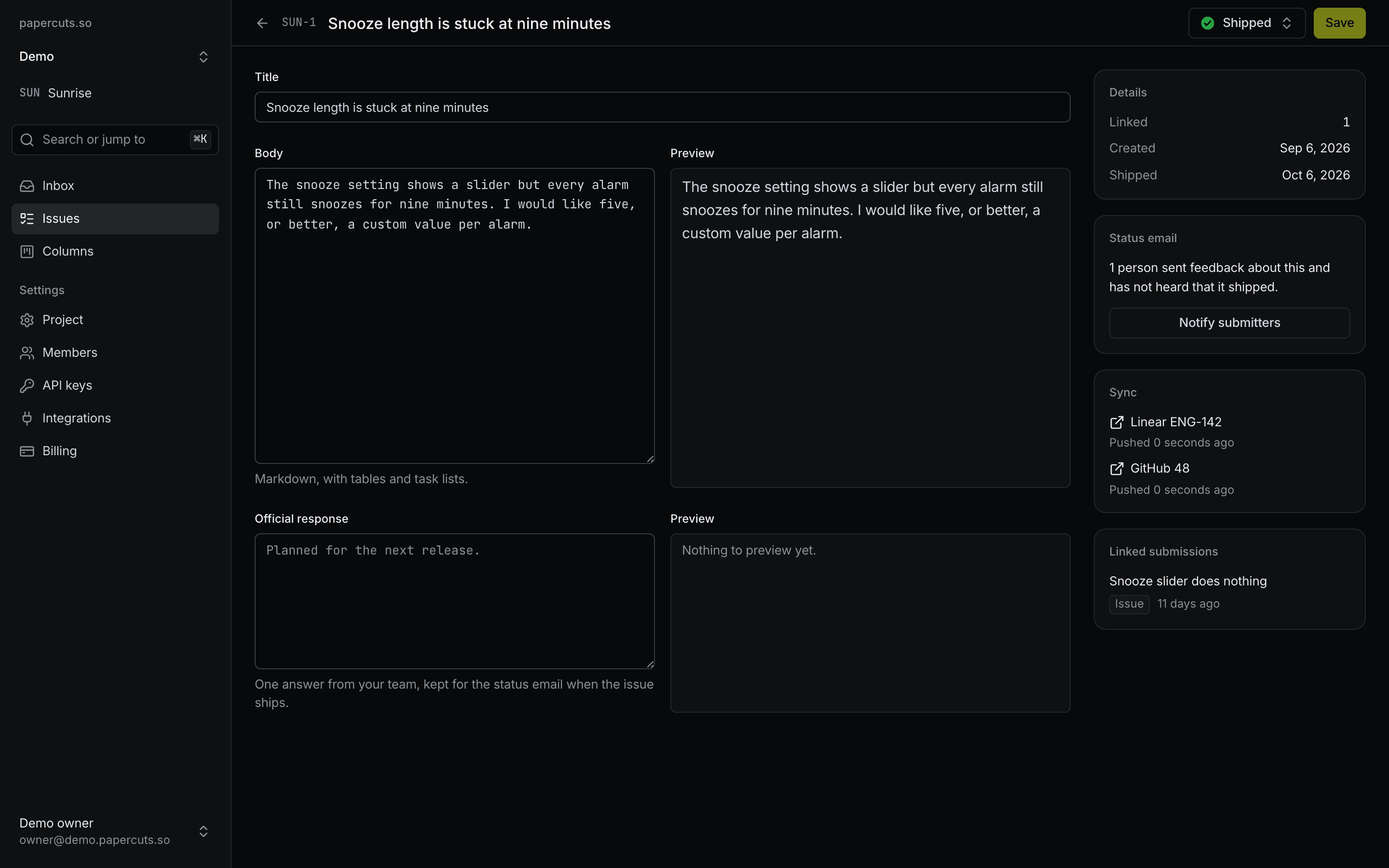 A shipped issue, pushed to Linear and to GitHub, with one person waiting for its status email.